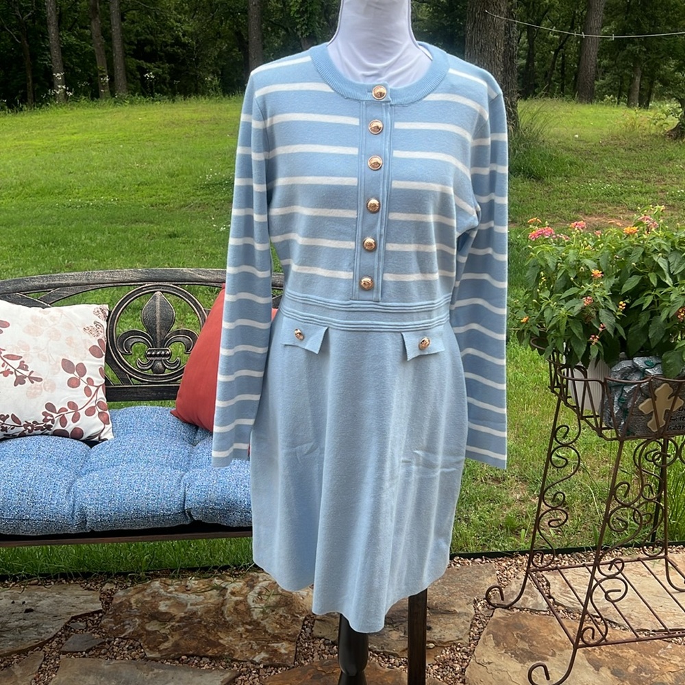 NWT MEROKEETY ELEGANT BLUE STRIPED SWEATER DRESS ……728 - Picture 6 of 10